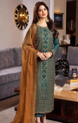 Green and brown embroidered suit displayed with intricate designs, featuring a matching dupatta.
