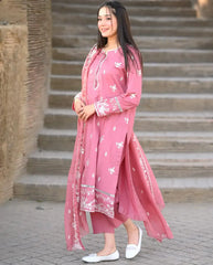 Pink Delight Embraided 3pec Lawn FF0123 - Farakh Fabrics