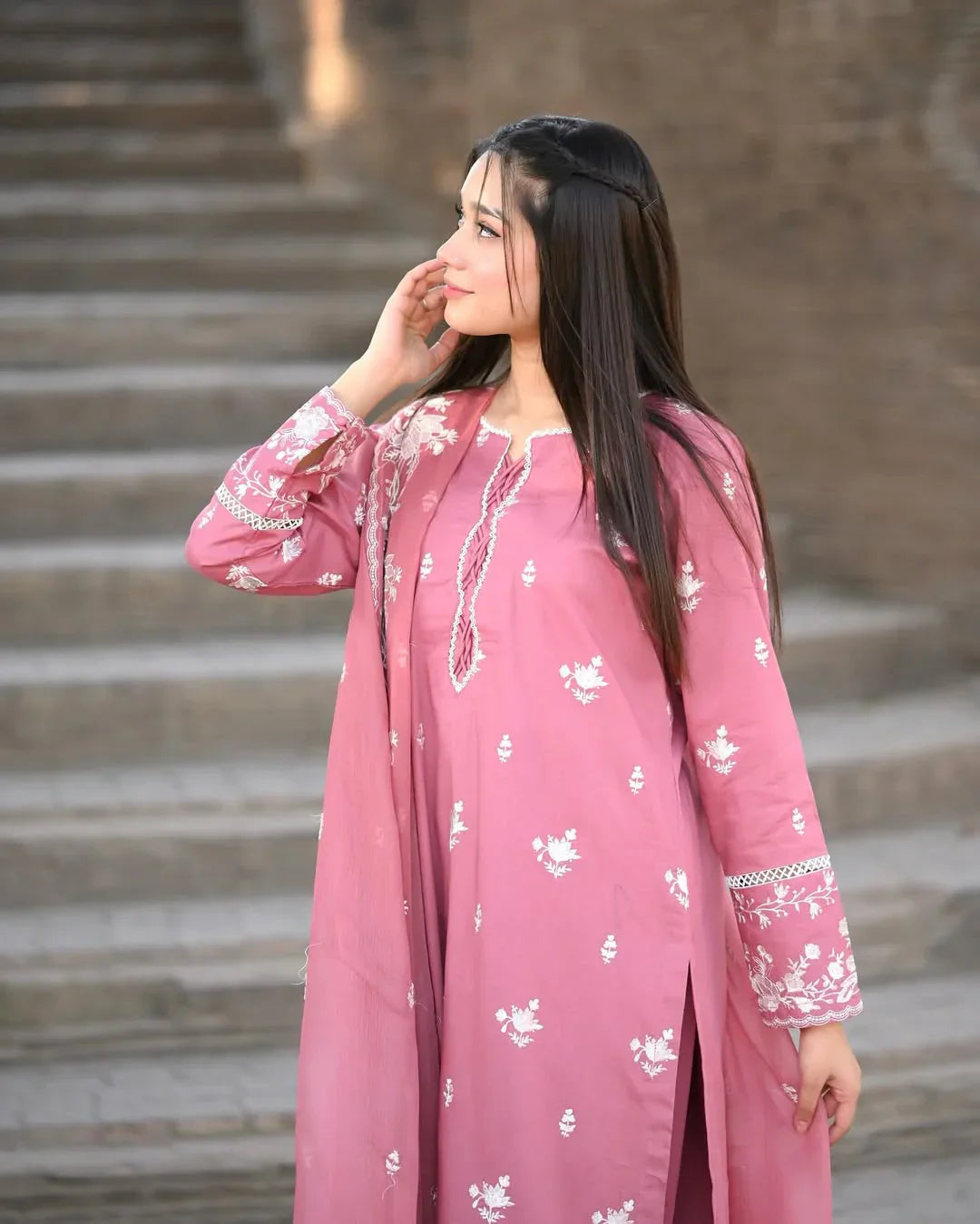Pink Delight Embraided 3pec Lawn FF0123 - Farakh Fabrics