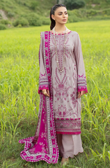 Sahil Khan embroidered lawn three-piece suit displayed on a mannequin, featuring intricate floral designs and vibrant colors.
